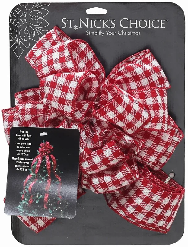 11" x 53" Red/White 16-Loop Gingham Woven Christmas Tree Topper Bow