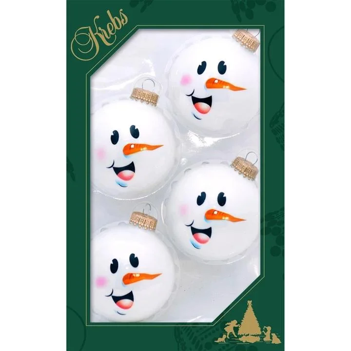 Pack of 4 Porcelain White Snowman Face Glass Ball Ornaments