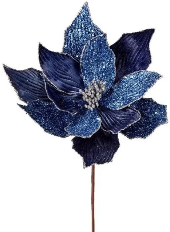 24" Blue Beaded Velvet Poinsettia Stem Spray