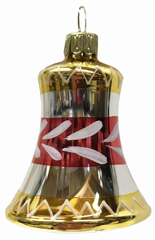 Bell, 4cm, red and gold with white leaf pattern by Glas Bartholmes