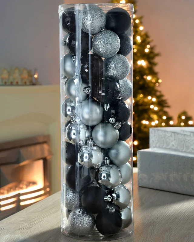 Black/Silver Shatterproof Baubles, 50 Pack