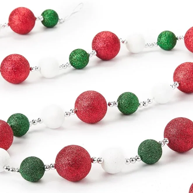 6' Red, Green & White Glitter Ball Garland