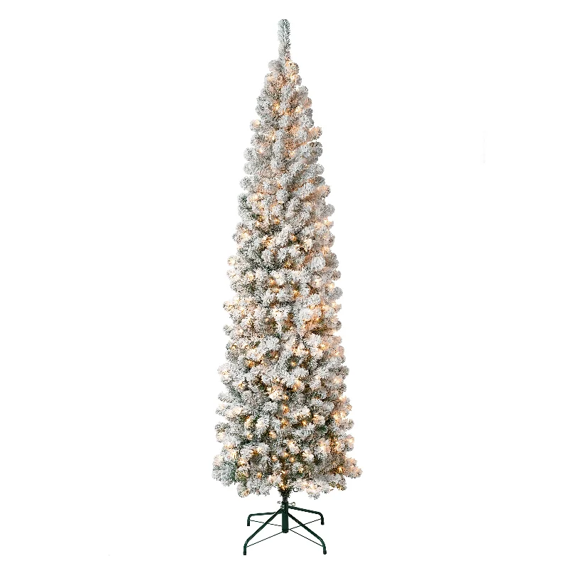 7.5 ft. Pre-Lit Acacia Pencil Slim Flocked Tree with Clear Lights