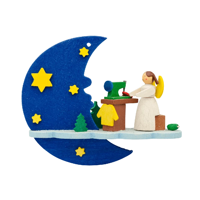 Angel on Moon with Sewing Machine Ornament by Graupner Holzminiaturen