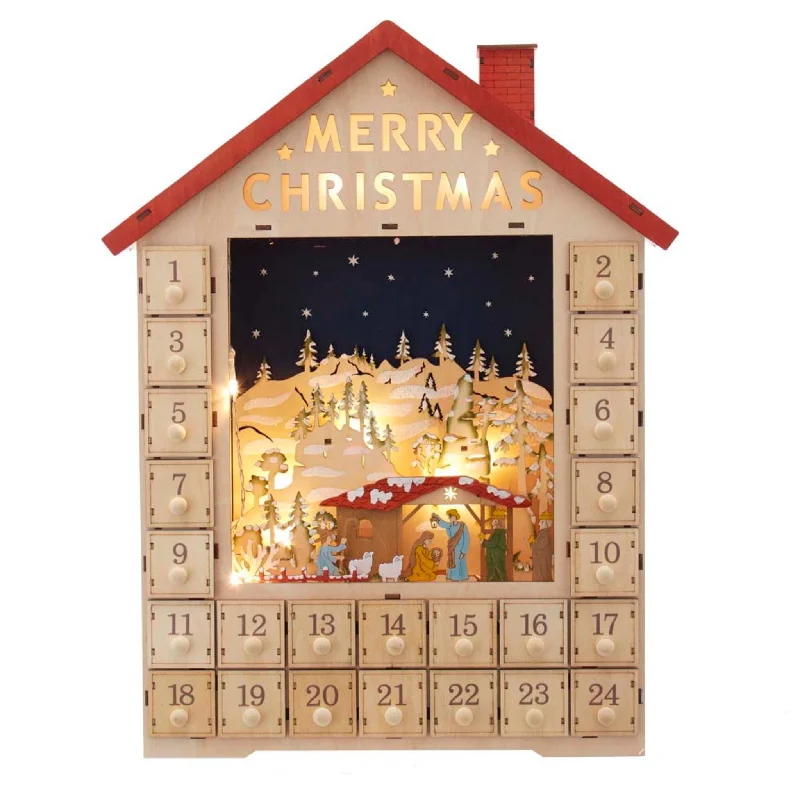 Battery-Operated LED Advent Calendar House With Nativity