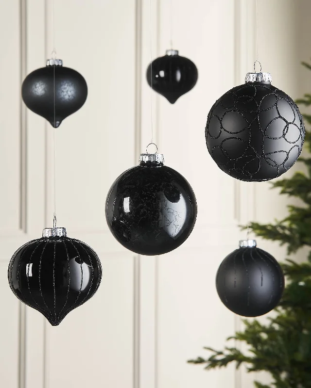 Black Glass Baubles, 6 Pack, 10 cm