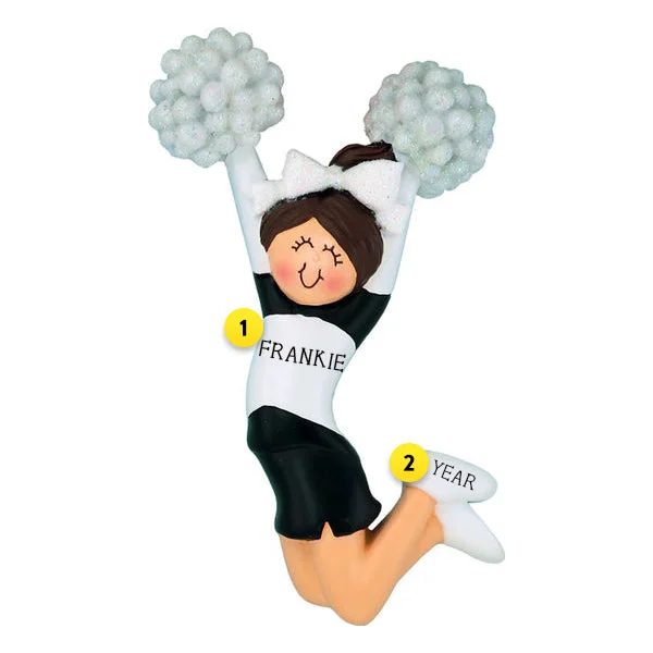 Personalized Cheerleader Black Uniform Ornament- Female, Brunette