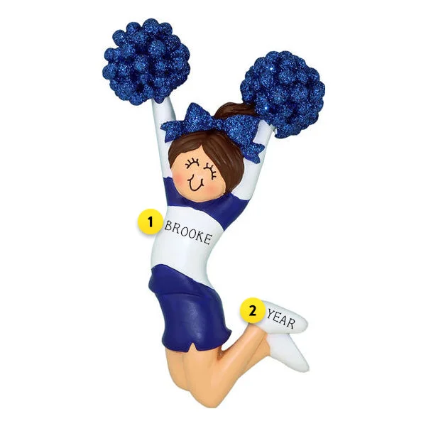 Personalized Cheerleader Blue Uniform Ornament- Female, Brunette