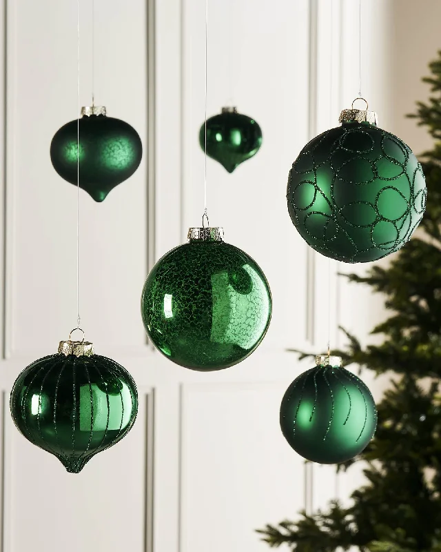 Christmas Green Glass Baubles, 6 Pack, 10 cm