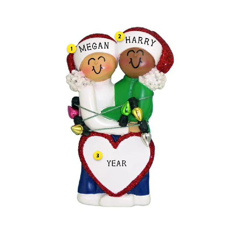 Personalized Couple Wrapped in Lights - Caucasian Female African American Male