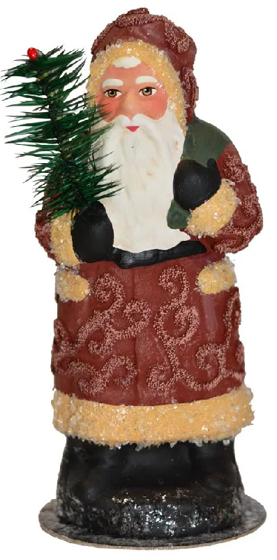 Dusty Rose Santa with Feather Tree, One of a Kind Paper Mache Candy Container by Ino Schaller