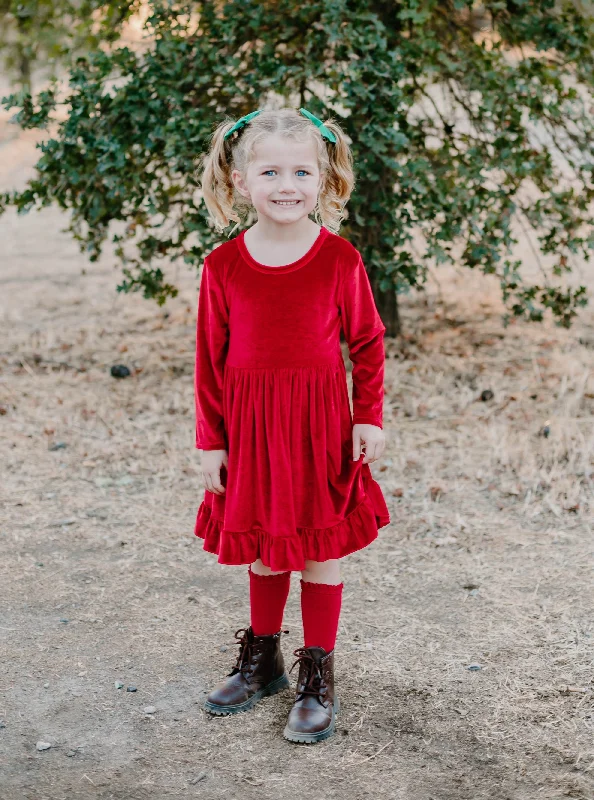 ELIZE VELOUR RUFFLE DRESS - RED