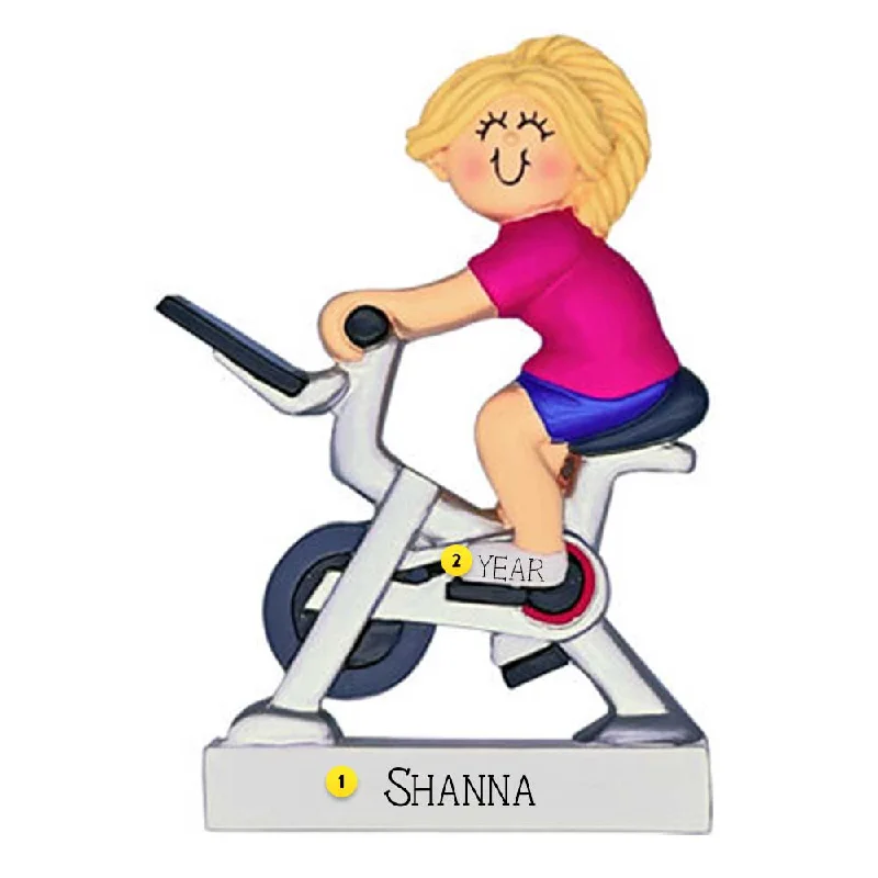 Personalized Exercise Bike Ornament - Female, Blonde Hair