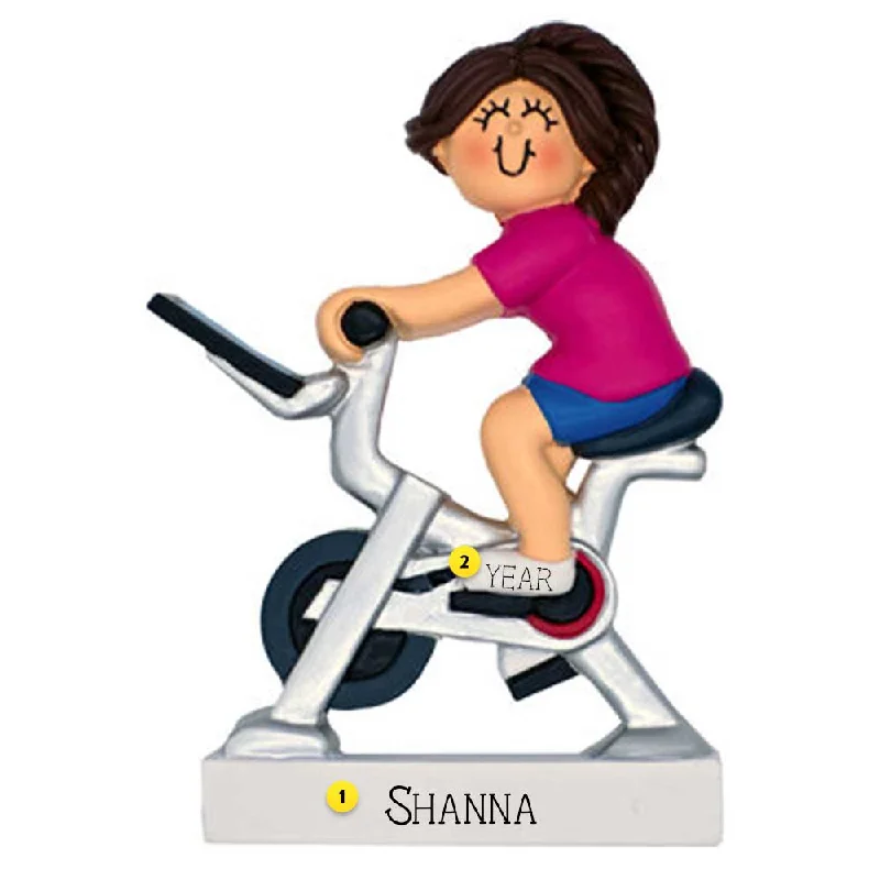 Personalized Exercise Bike Ornament - Female, Brunette Hair