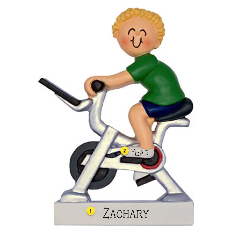 Personalized Exercise Bike Ornament - Male, Blonde Hair