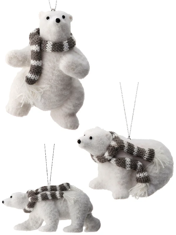 Flocked Polar Bear with Scarf Ornament