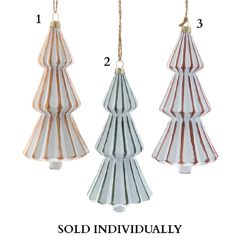 Glass Distressed White With Gold, Brown & Green Tree Ornaments (3 Styles – Sold individually)