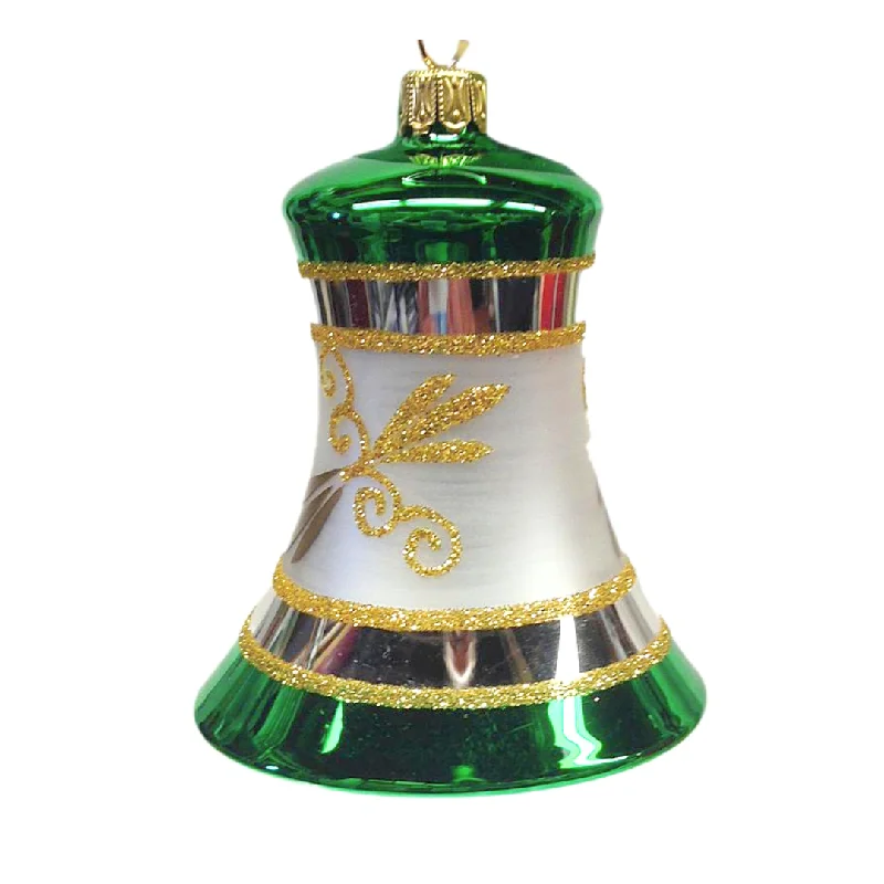 Capped Bell Ornament, green with silver by Glas Bartholmes