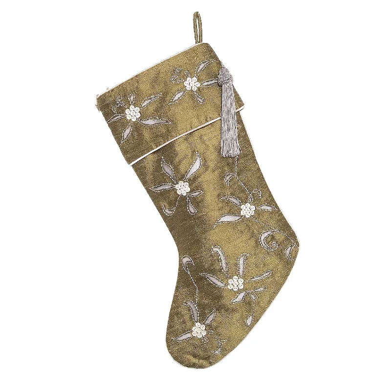 Green Silk Stocking with Stylized Flowers in Silver