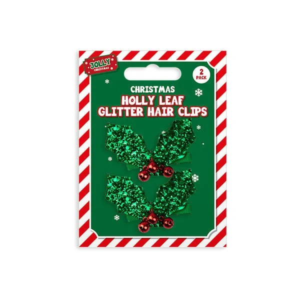 Holly Leaf Glitter Hair Clips 2 Pack