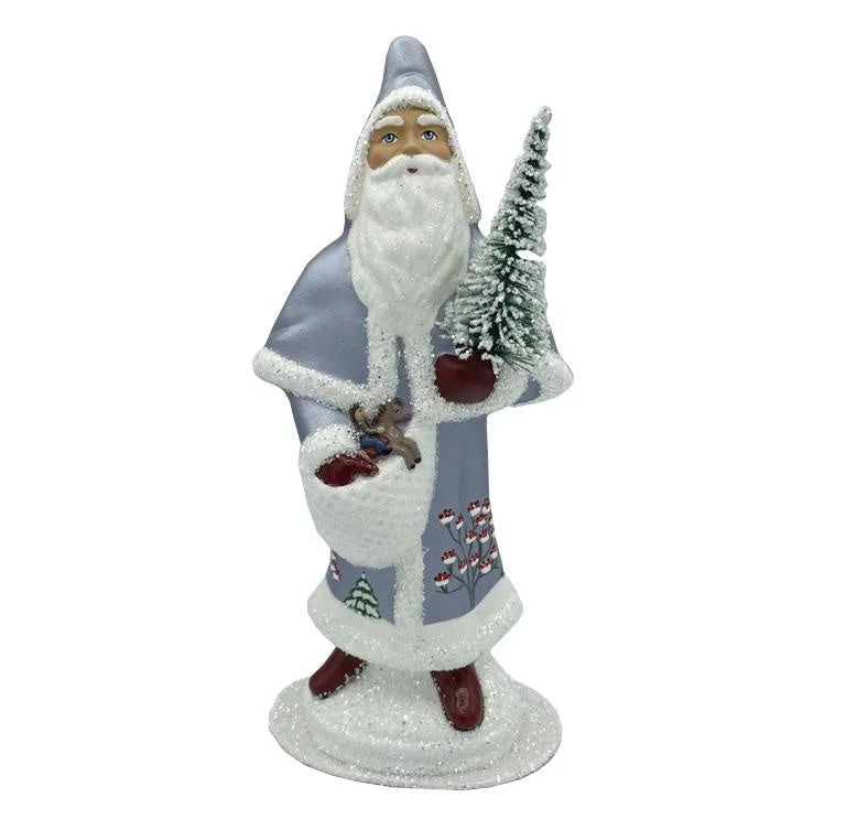 Santa in Cloak, Paper Mache Candy Container, ice blue with white trim, by Ino Schaller