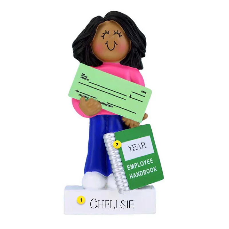 Personalized New Job Ornament - Female, Black Hair