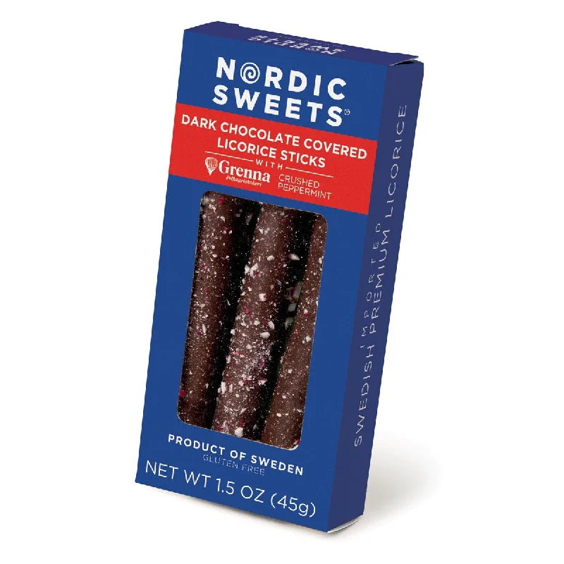 Nordic Sweets Dark Chocolate Covered Licorice Sticks with Crushed Peppermint