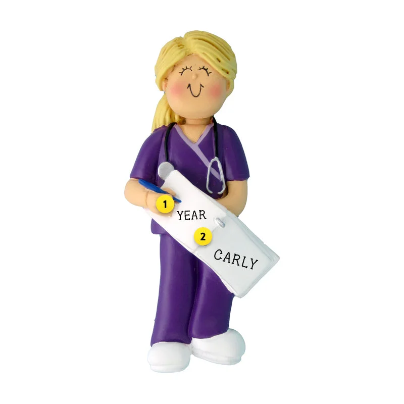 Personalized Nurse in Scrubs Ornament - Female, Blonde Hair