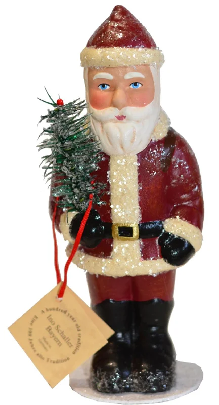 Old Style Santa with Belted Red Coat and Feather Tree Paper Mache Candy Container by Ino Schaller