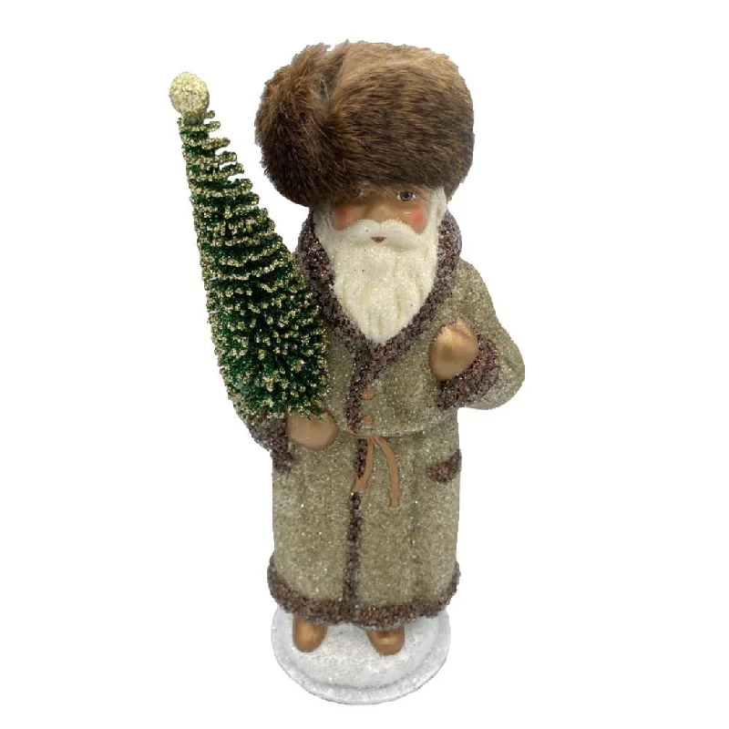 Santa in Russian Hat, Paper Mache Candy Container, gold and brown glitter, by Ino Schaller