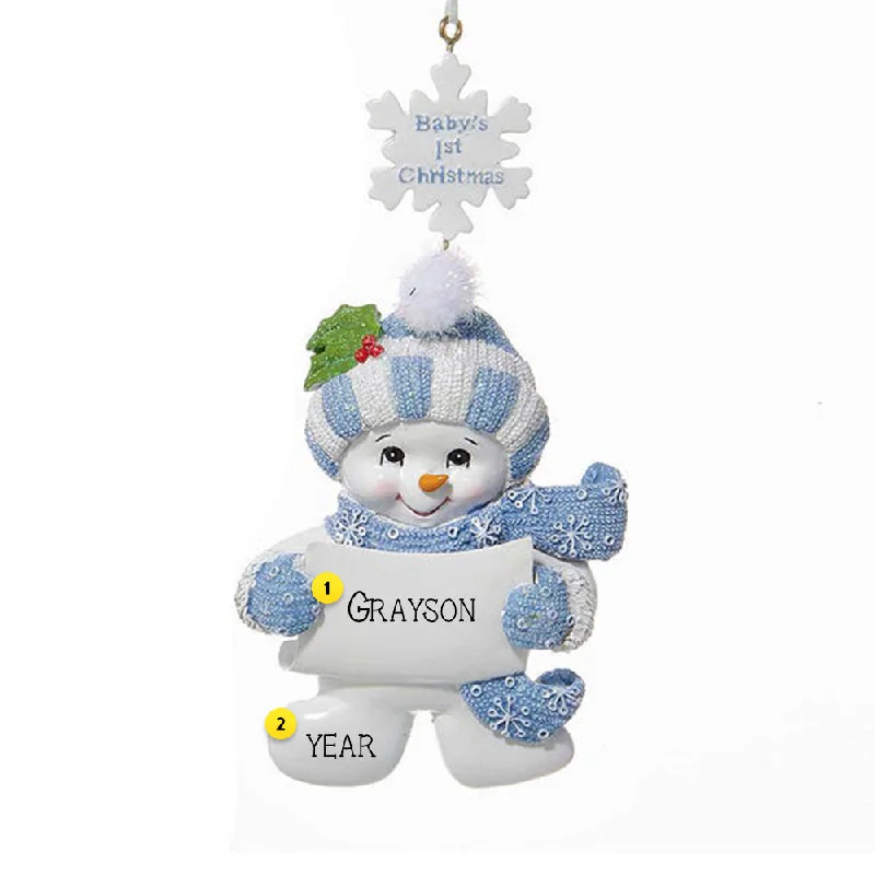 Personalized Baby's 1st Christmas Snowman Ornament - Blue