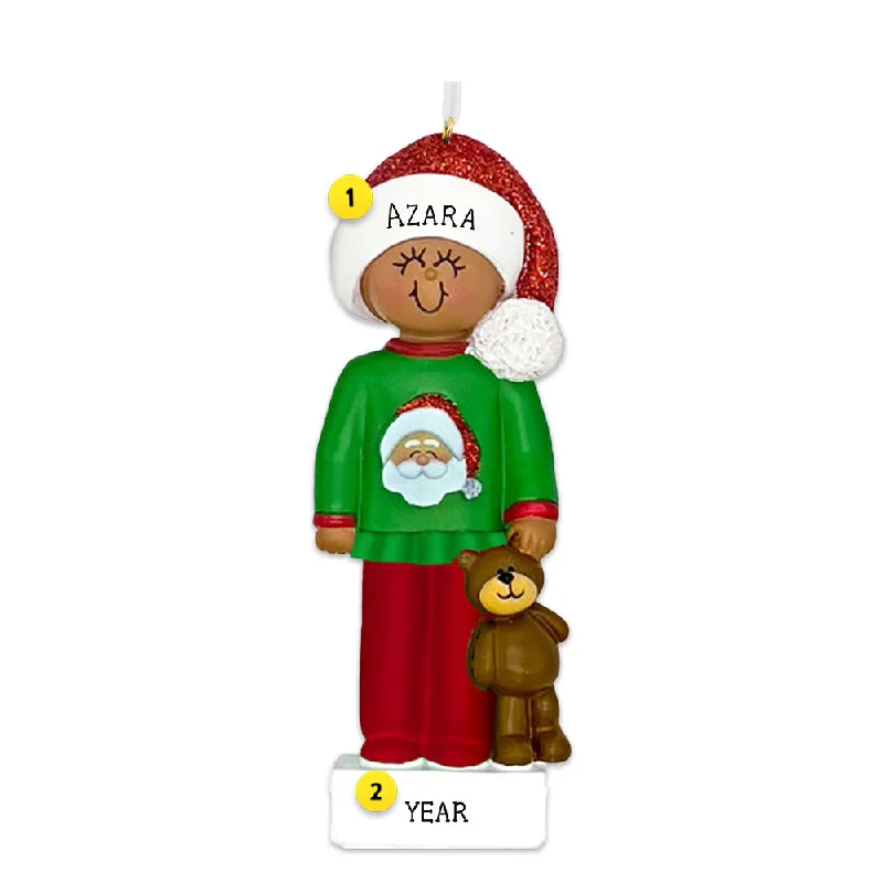 Personalized Child in Christmas Pajamas Ornament - African American Female