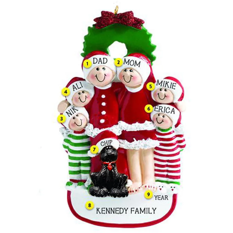 Personalized Christmas Family of 6 with Black Dog Ornament