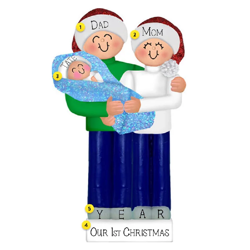 Personalized New Parents with Baby Ornament - Blue Blanket