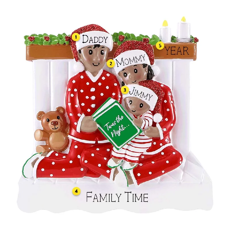 Personalized Reading in Bed Family of 3 Ornament - African American