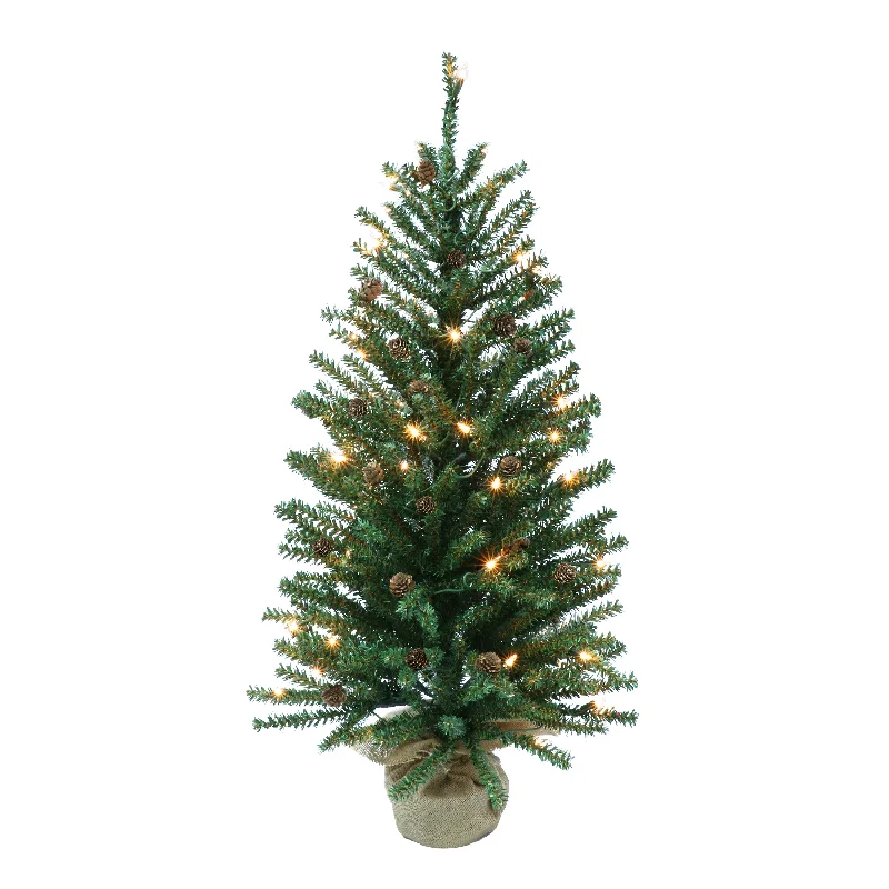 Pre-Lit 4' Fir Artificial Christmas Tree with Pines Cones and 100 Lights, Green