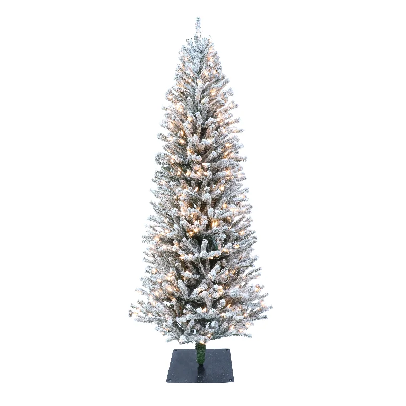 Pre-Lit 5' Flocked Fir Artificial Christmas Tree with Pines Cones and 200 Lights, Green