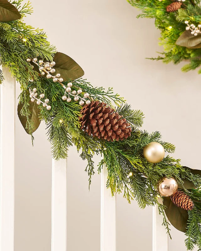 Pre-Lit Mixed Tip Garland & Wreath, Pinecones & Berries