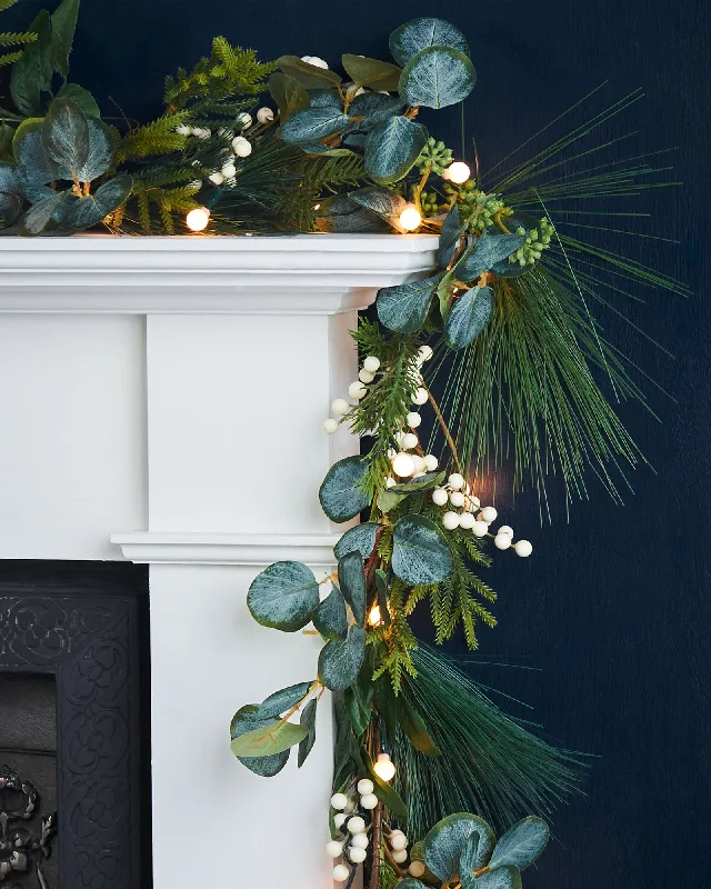 Pre-Lit Decorated Garland & Wreath, Berries & Eucalyptuses