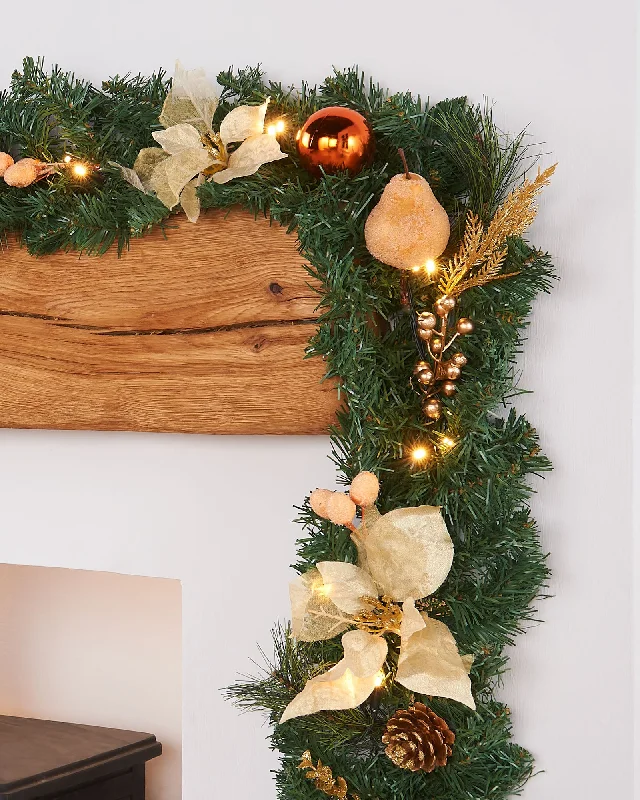 Pre-Lit Decorated Garland & Wreath, Copper/Gold