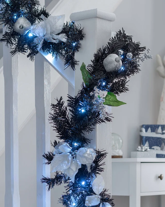 Pre-Lit Decorated Garland & Wreath, Black/Silver