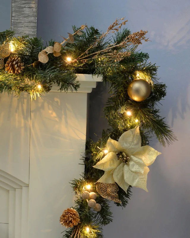 Pre-Lit Decorated Garland & Wreath, Cream/Gold