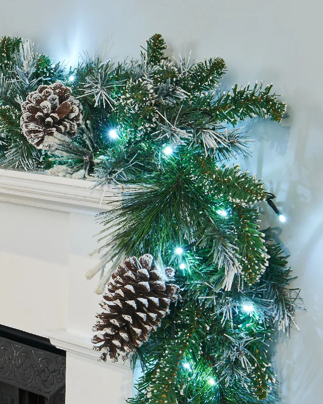 Pre-Lit Decorated Snow Flocked Garland & Wreath, Pinecones