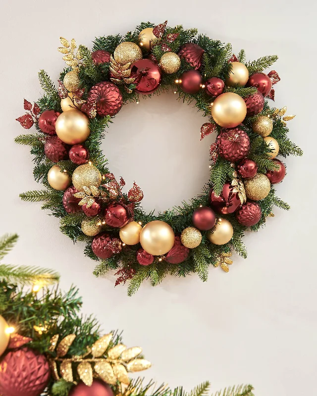 Pre-Lit Decorated Wreath, Burgundy/Gold, 76 cm