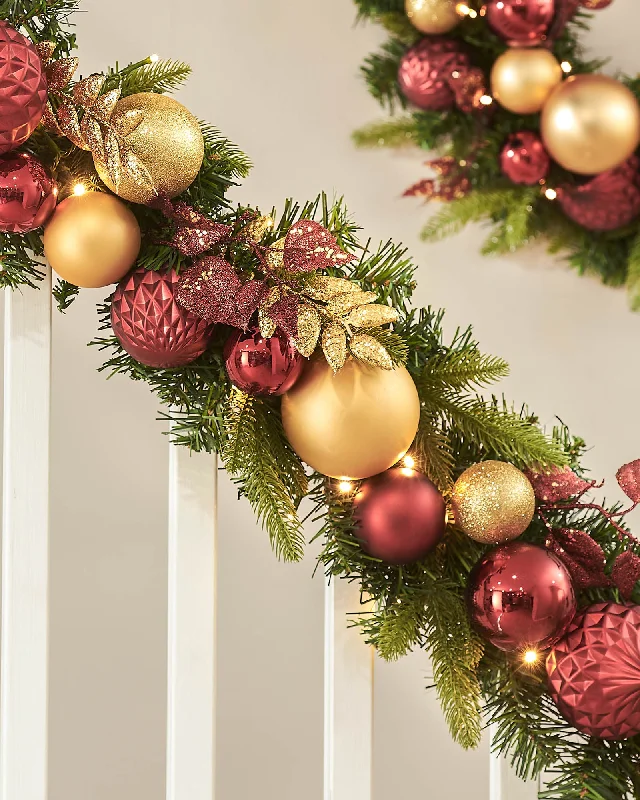 Pre-Lit Decorated Garland & Wreath, Burgundy/Gold