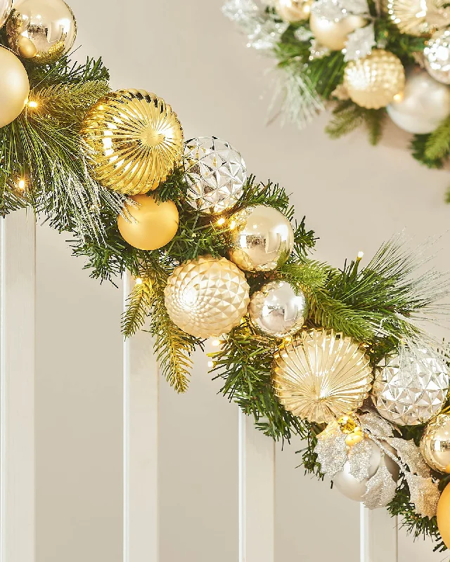 Pre-Lit Decorated Garland & Wreath, Silver/Champagne/Gold