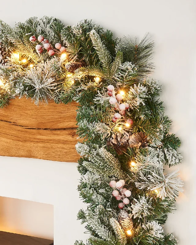 Pre-Lit Extra Thick Mixed Pine Snow Flocked Garland & Wreath, Pinecones & Berries