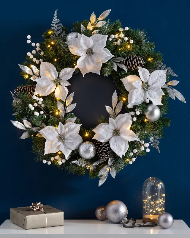 Pre-Lit Extra Thick Garland & Wreath, Silver/White