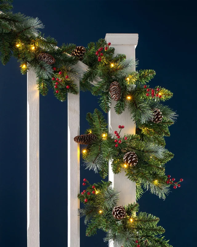 Pre-Lit Frosted Garland & Wreath, Pinecones & Berries