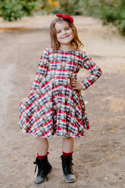 REINDEER PLAID BOW DRESS